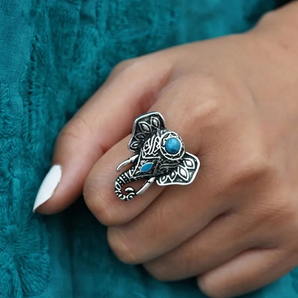 Bohemian Elephant Ring with Turquoise Accent Silver Plated Adjustable Open Band